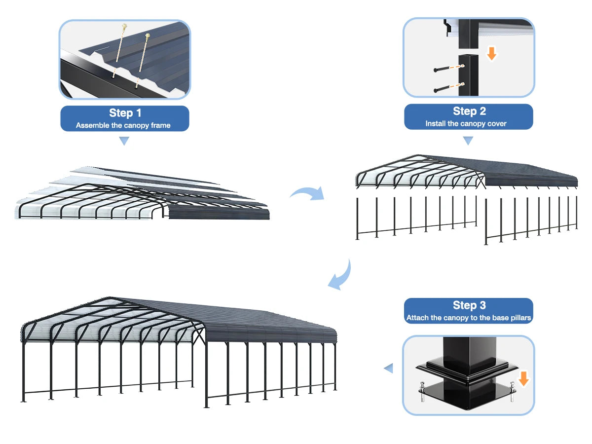 VIWAT 10x15~20x40FT Multi-Size Metal Carport