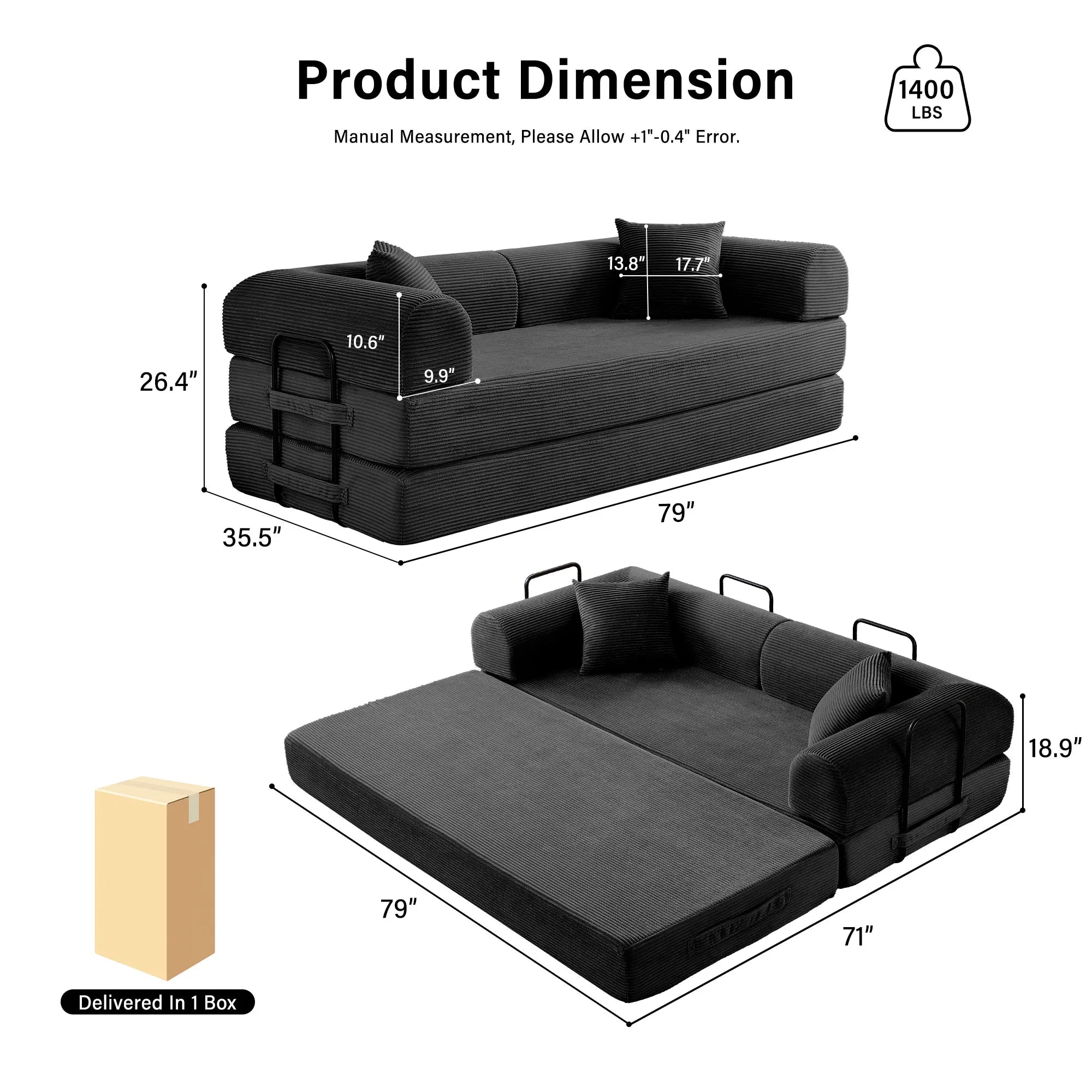 79'' Boneless Couch Foldable Convertible Futon Sleeper