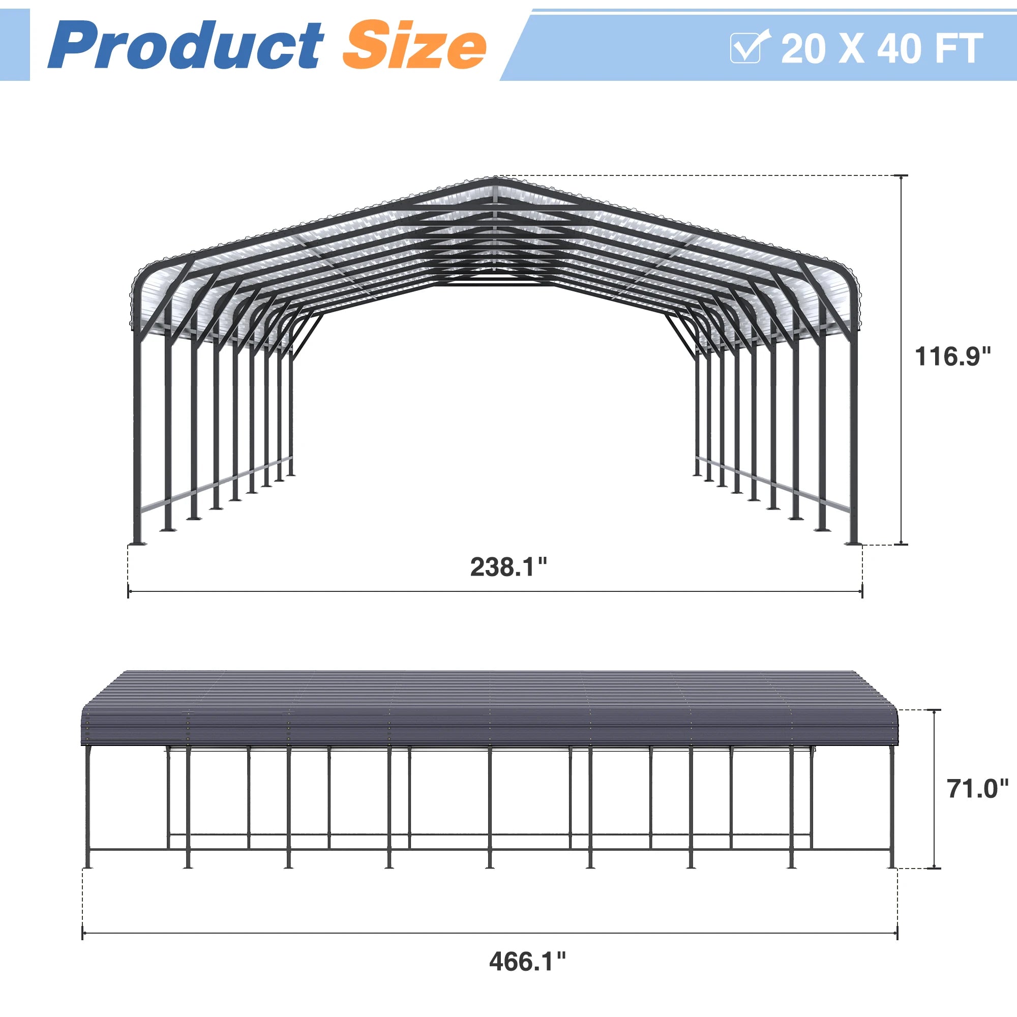 VIWAT 10x15~20x40FT Multi-Size Metal Carport