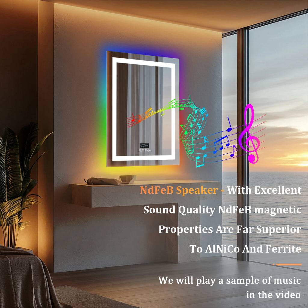 Rectangular RGB Bathroom Mirror With Bluetooth Speaker