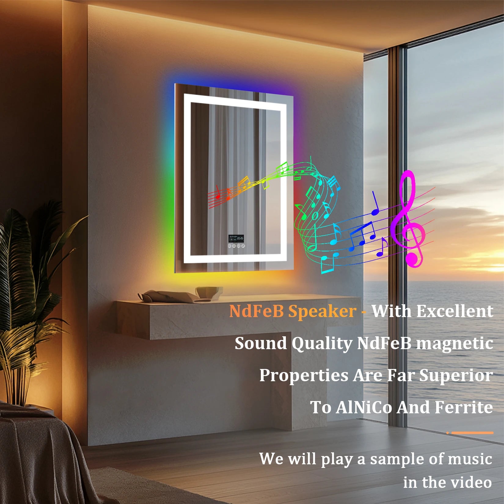 Rectangular RGB Bathroom Mirror With Bluetooth Speaker