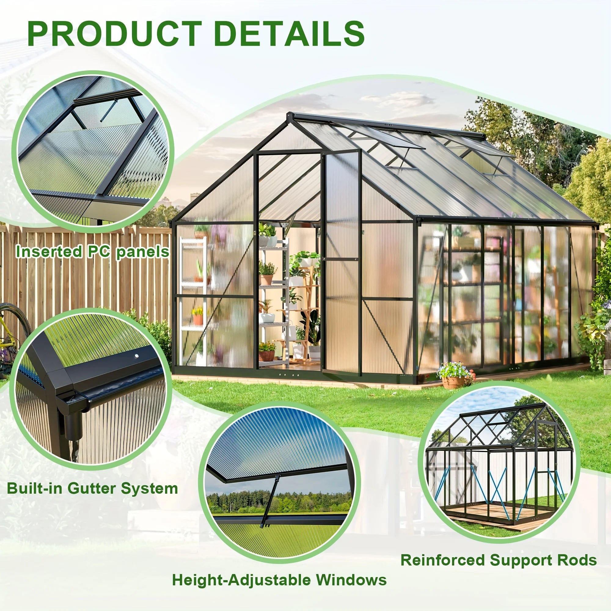 VIWAT 4x6~10x18FT Multi-Size Polycarbonate Greenhouse