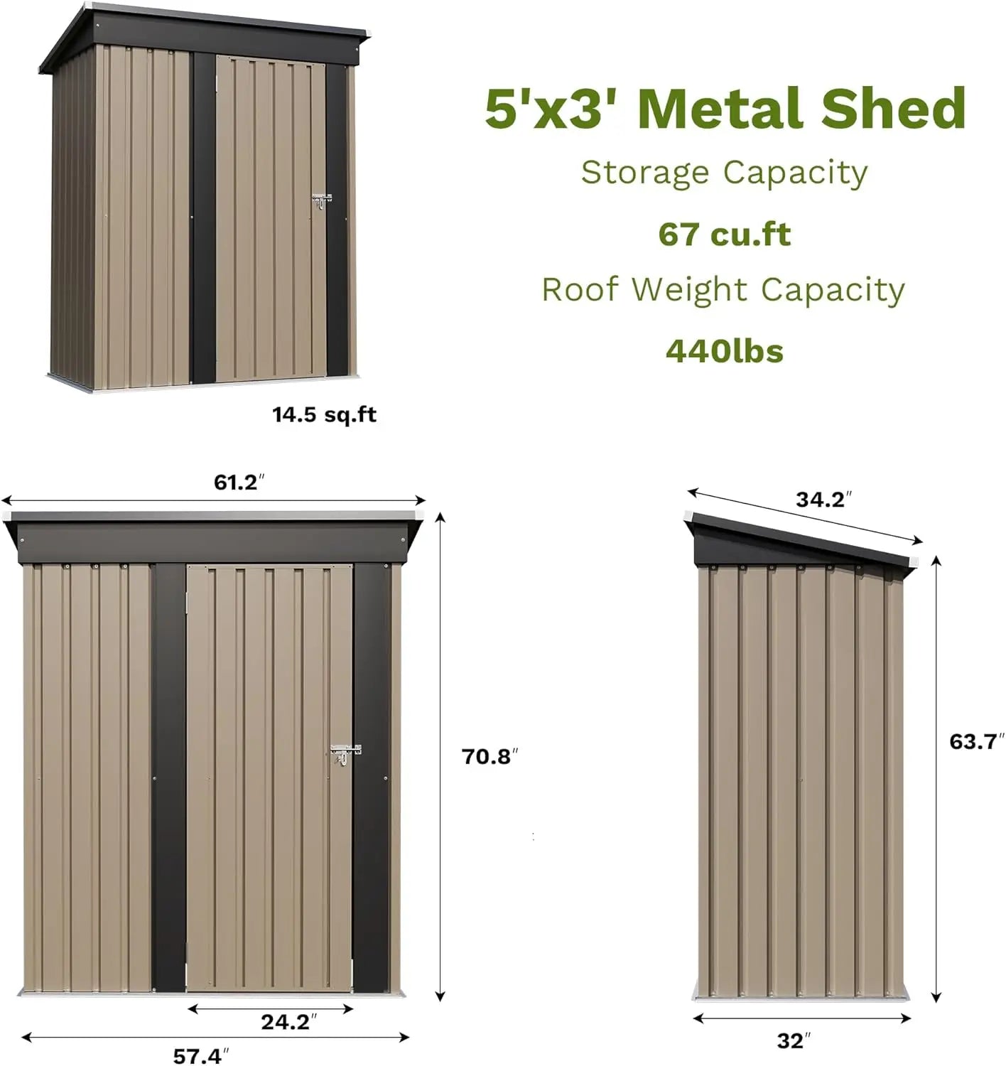 5x3 FT Brown Metal Outdoor Storage Tool Shed