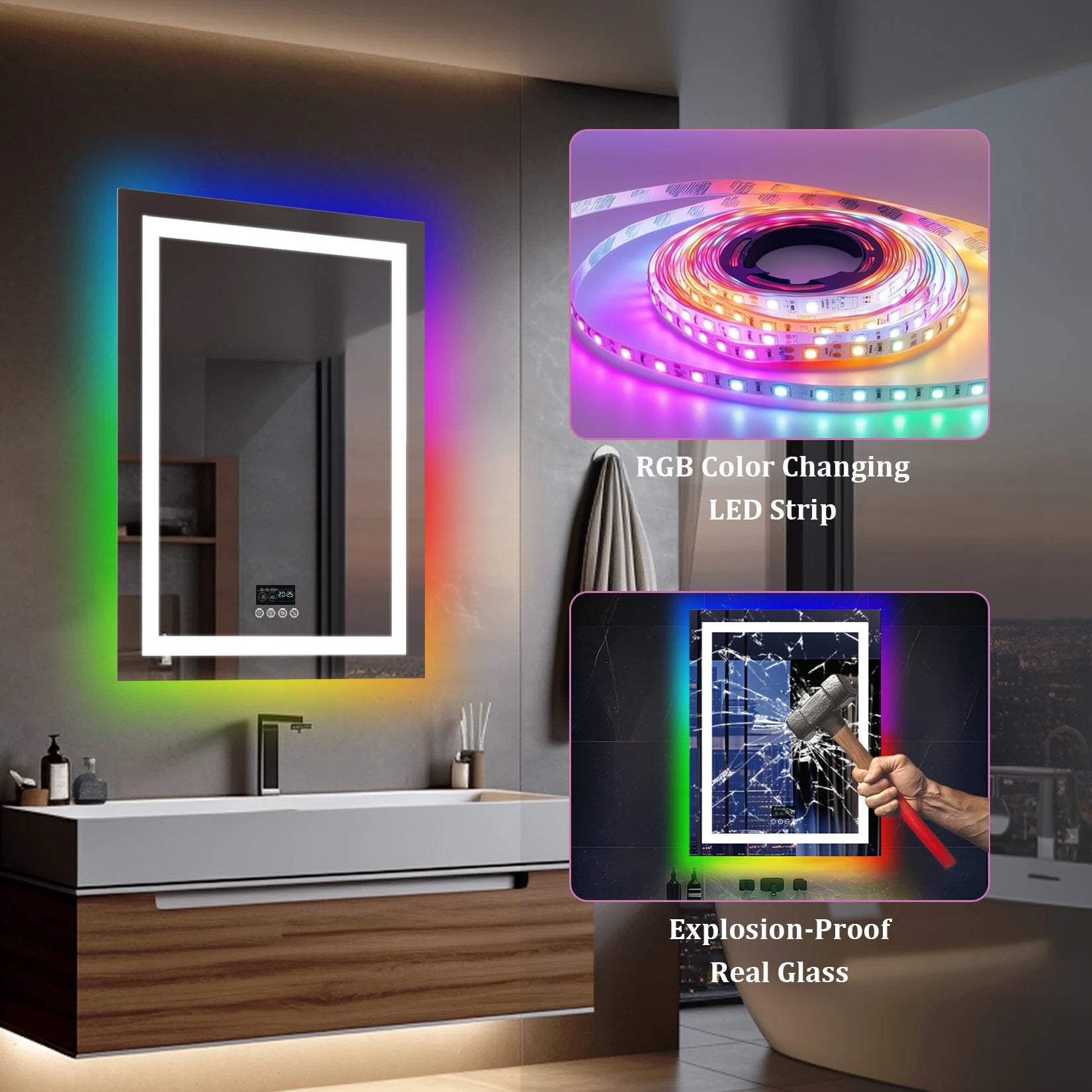 Rectangular RGB Bathroom Mirror With Bluetooth Speaker
