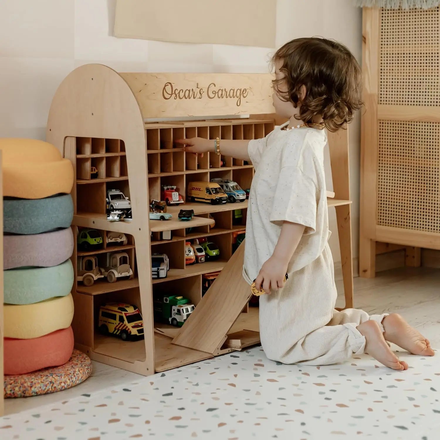 Wooden Toy Parking Garage with Elevator Storage